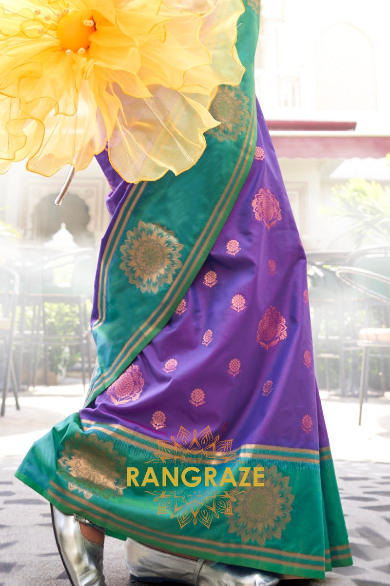 Purple and Turquoise Two-Tone Contrast Handloom Silk Saree