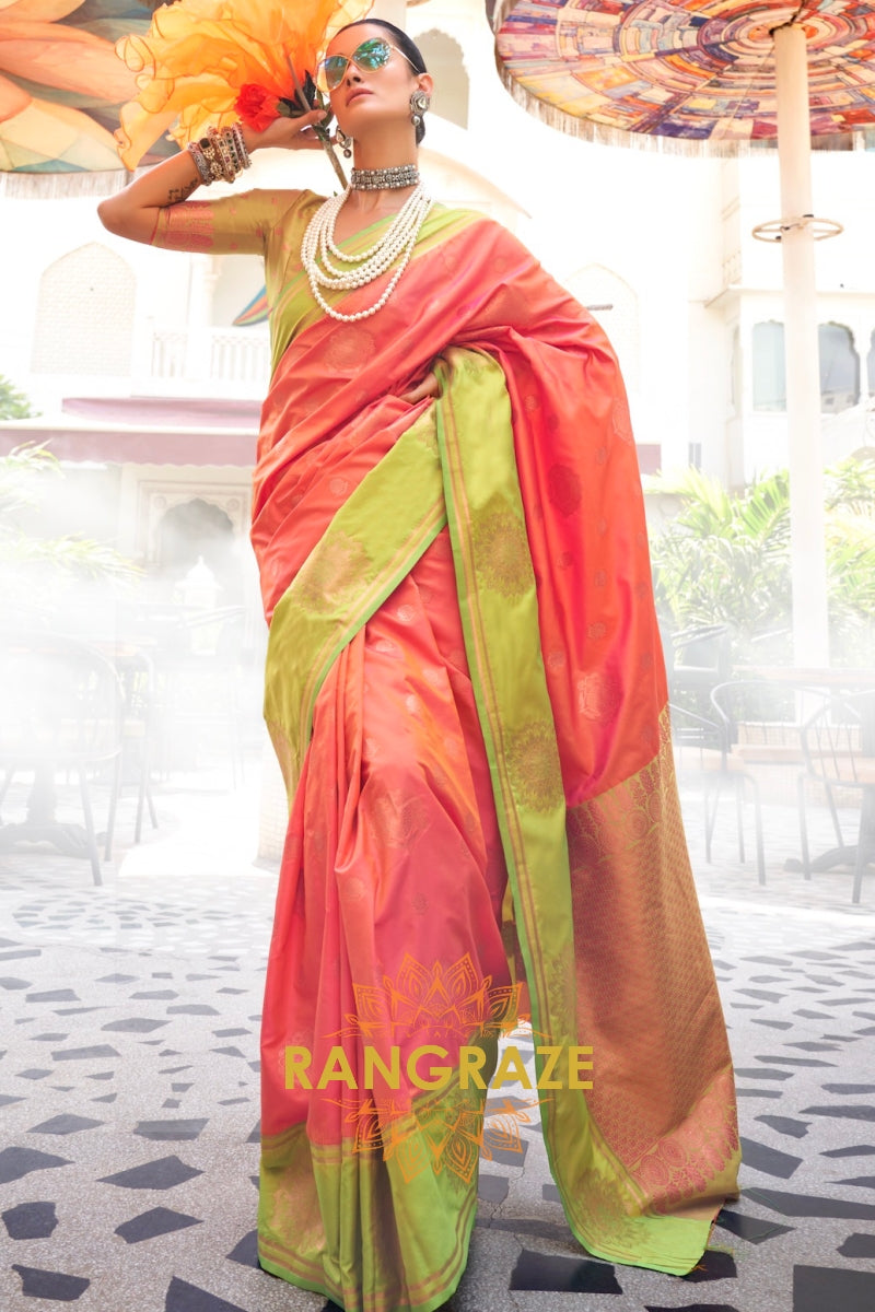 Orange and Olive Green Two-Tone Contrast Handloom Silk Saree