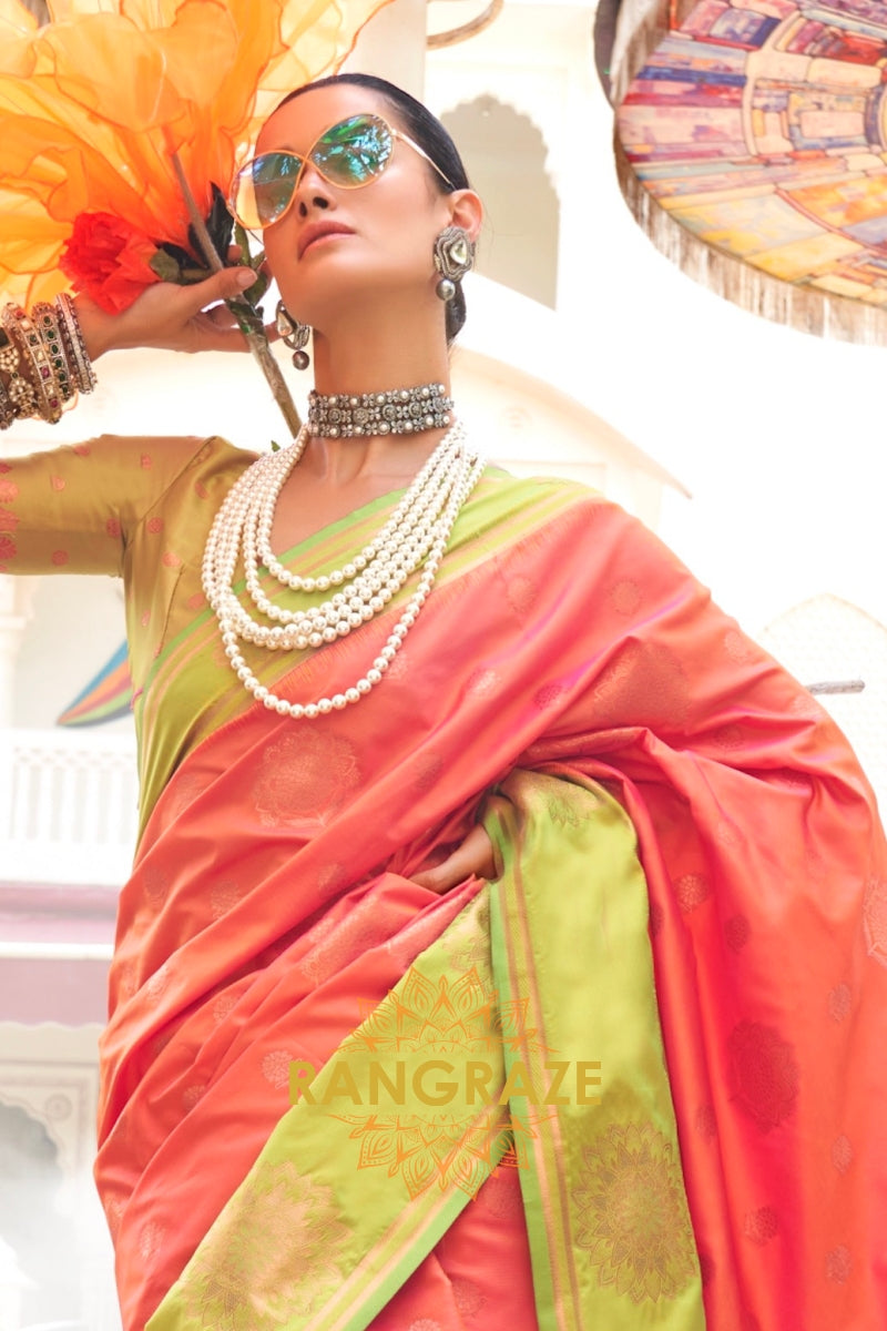 Orange and Olive Green Two-Tone Contrast Handloom Silk Saree