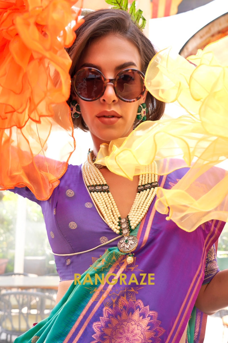 Green and Purple Two-Tone Contrast Handloom Silk Saree