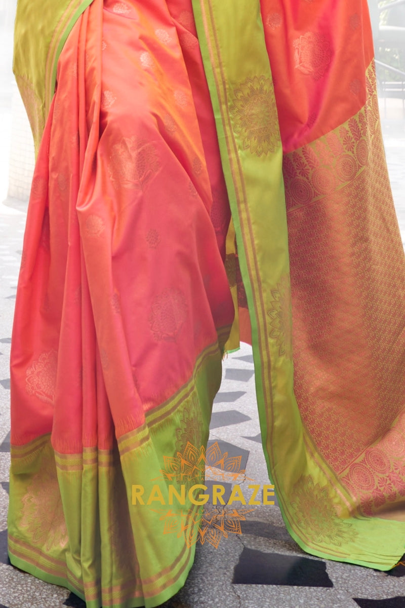 Orange and Olive Green Two-Tone Contrast Handloom Silk Saree
