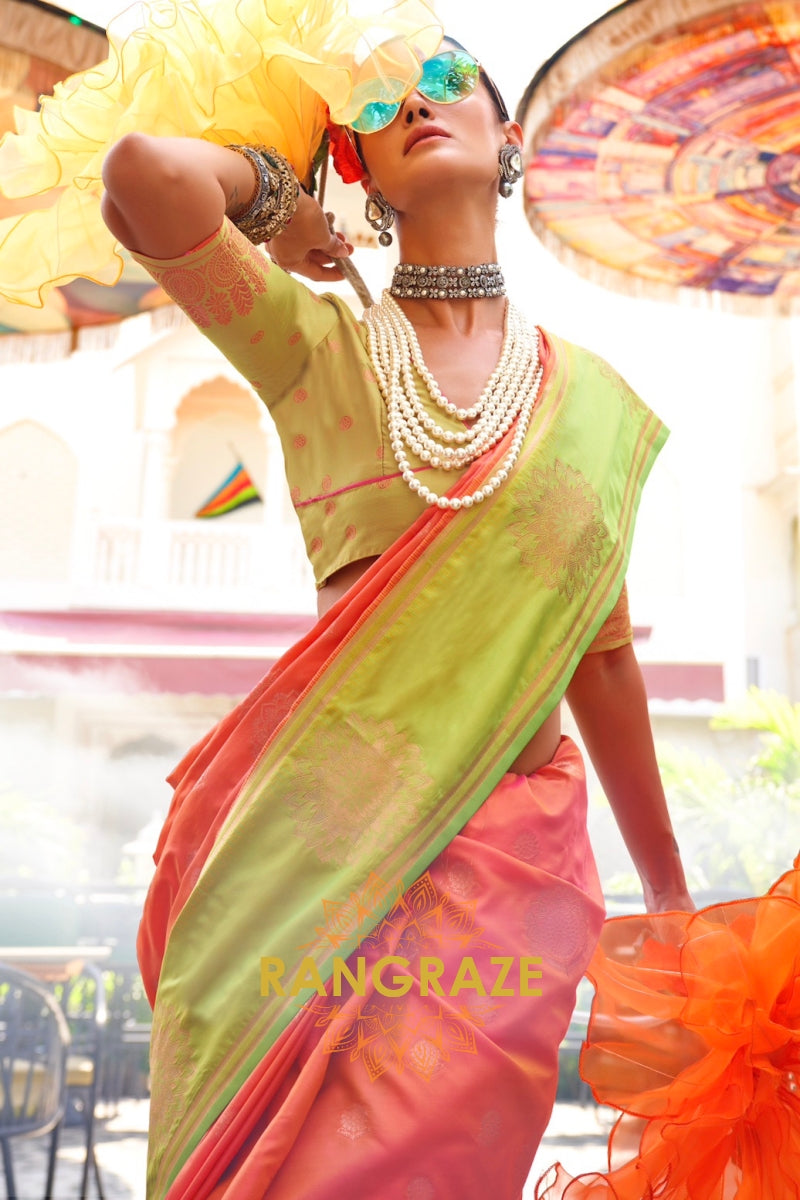 Orange and Olive Green Two-Tone Contrast Handloom Silk Saree