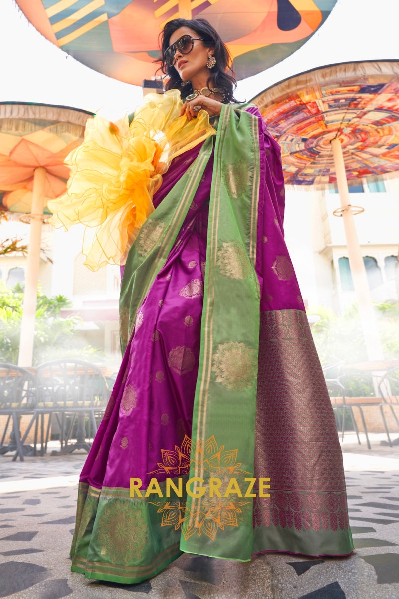 Purple and Green Two-Tone Contrast Handloom Silk Saree