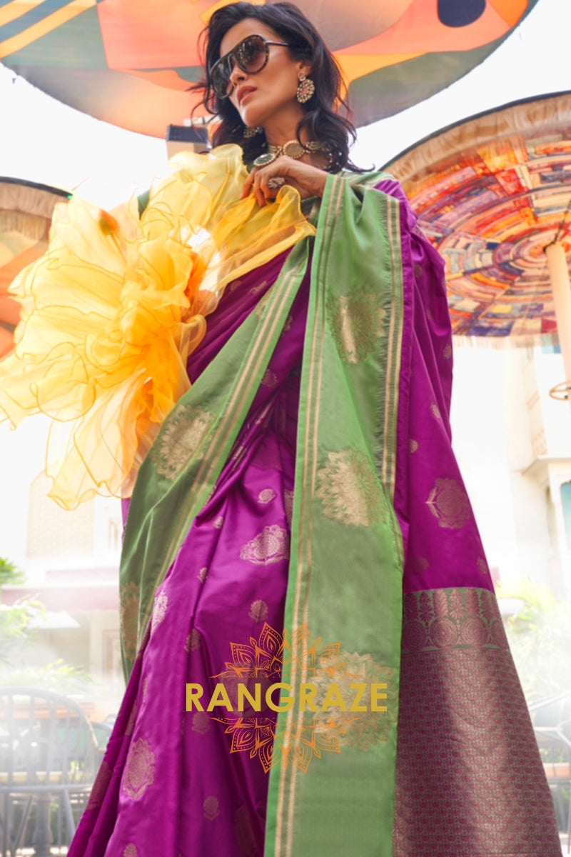Purple and Green Two-Tone Contrast Handloom Silk Saree