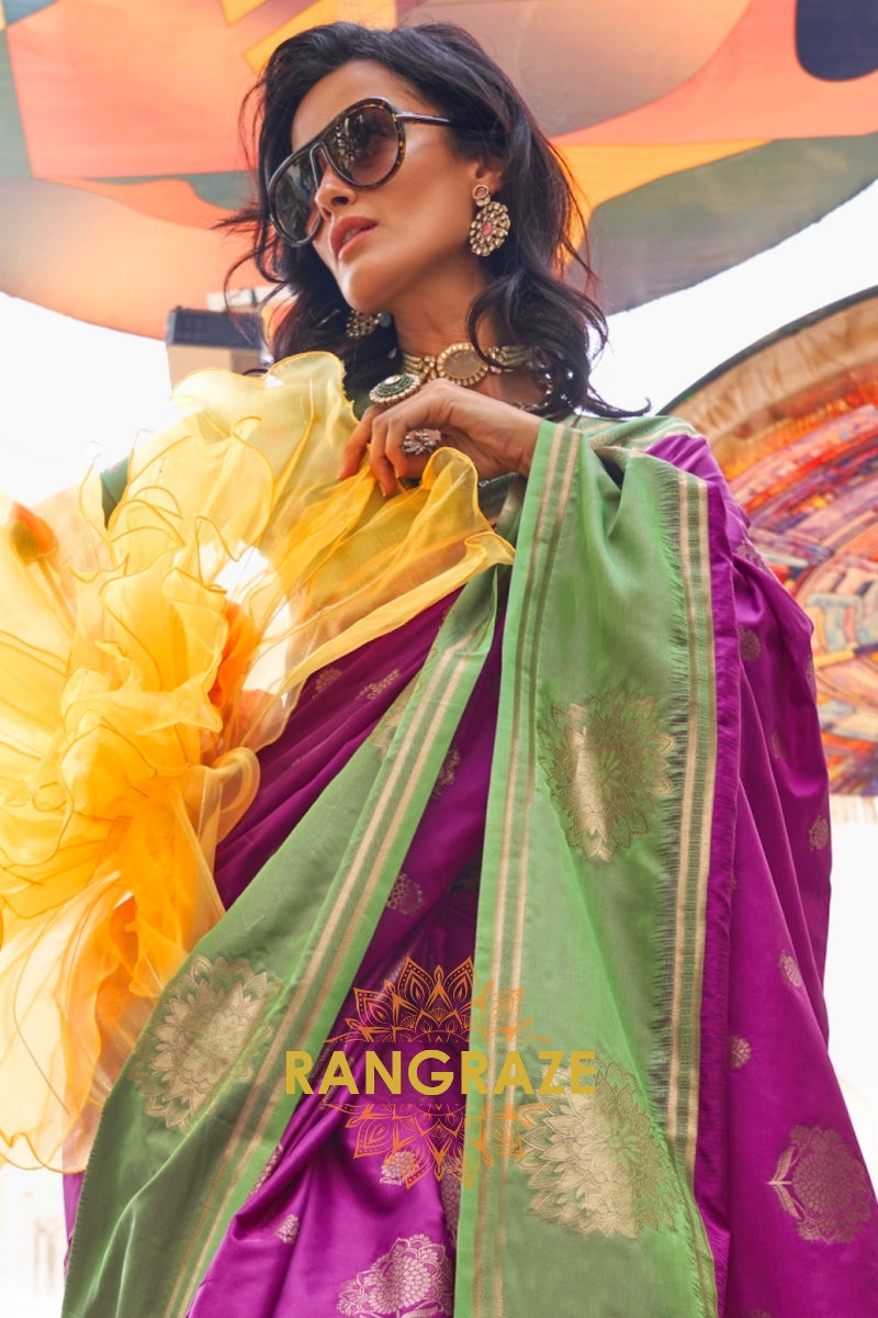Purple and Green Two-Tone Contrast Handloom Silk Saree