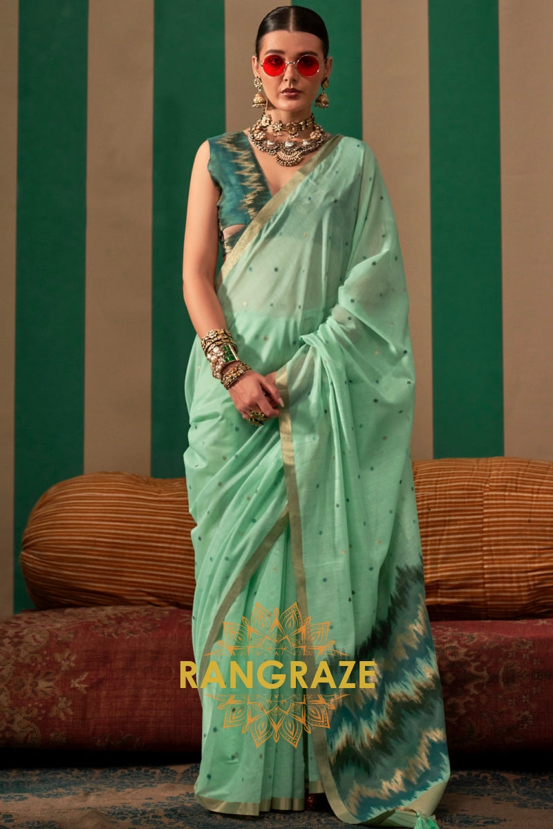 Seafoam Cascade: Handloom Linen Saree