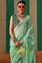 Seafoam Cascade: Handloom Linen Saree