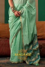 Seafoam Cascade: Handloom Linen Saree