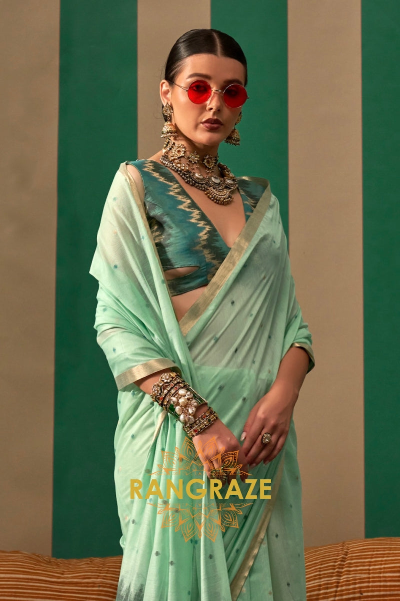 Seafoam Cascade: Handloom Linen Saree