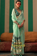 Seafoam Cascade: Handloom Linen Saree
