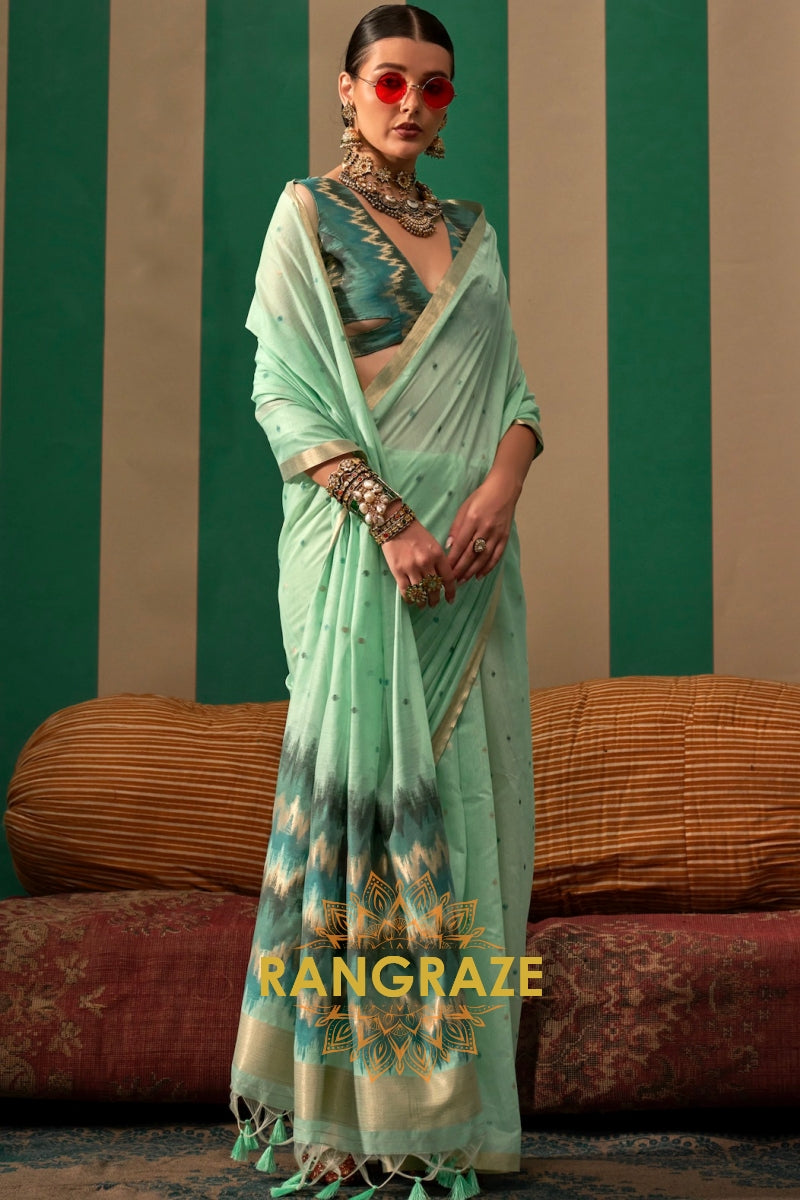 Seafoam Cascade: Handloom Linen Saree