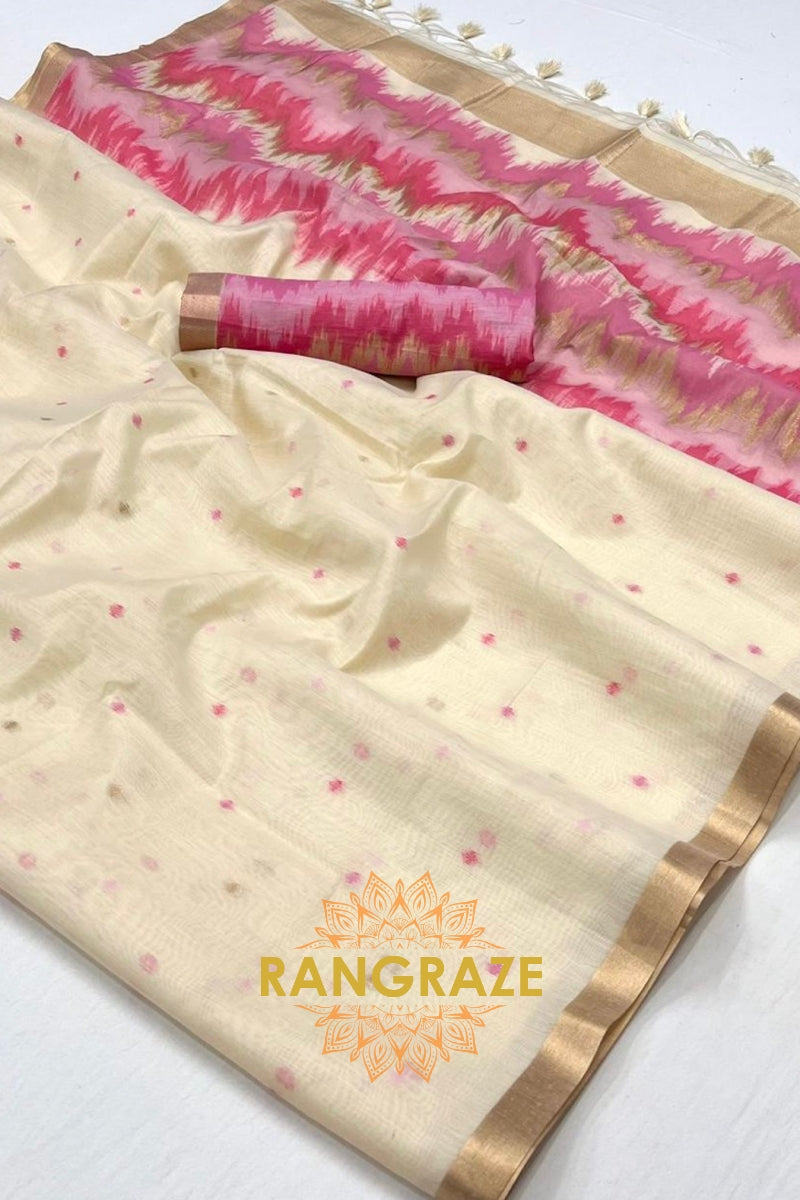 Ivory Blossom: Handloom Linen Saree