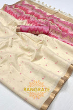 Ivory Blossom: Handloom Linen Saree