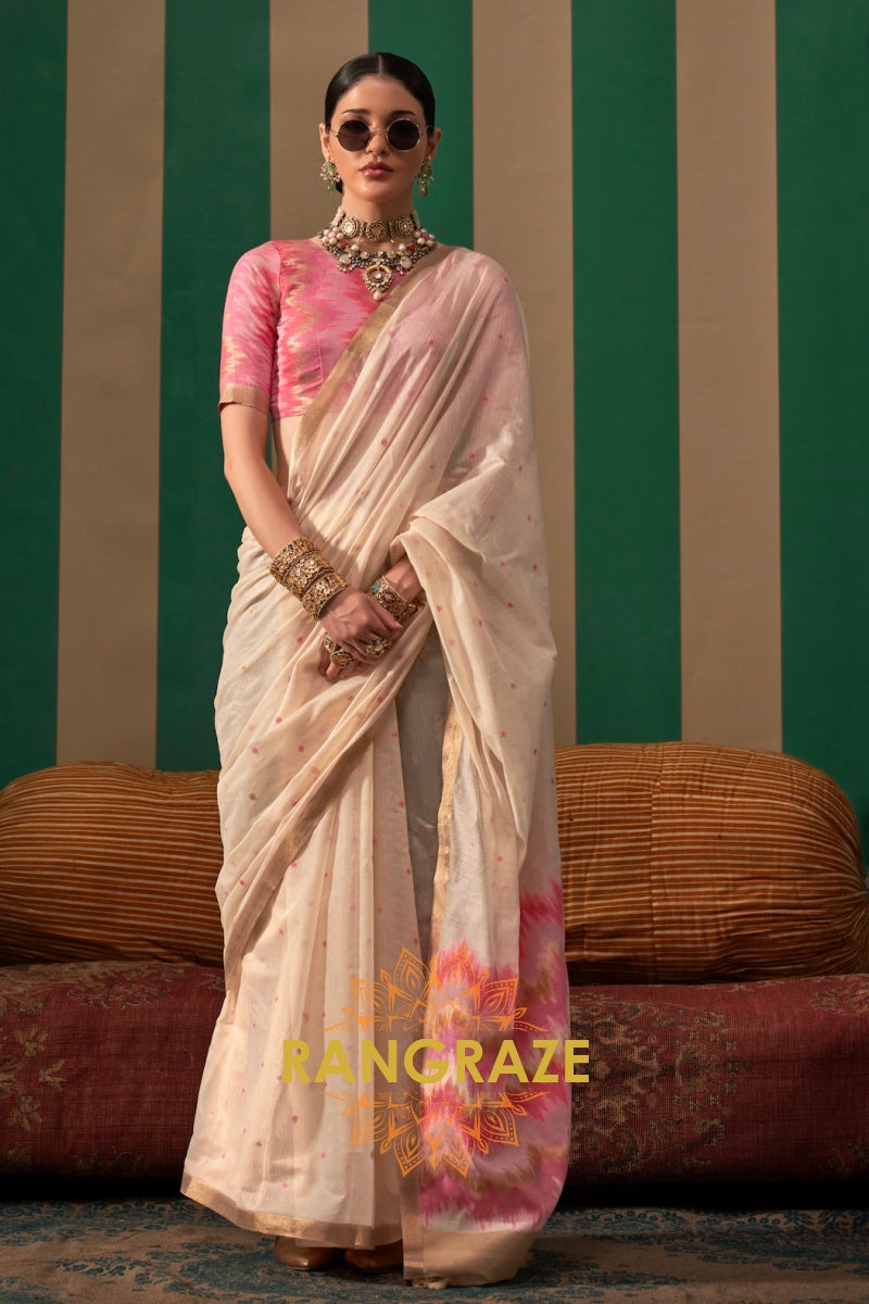 Ivory Blossom: Handloom Linen Saree