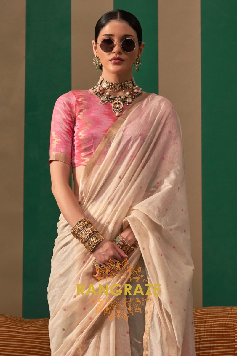 Ivory Blossom: Handloom Linen Saree