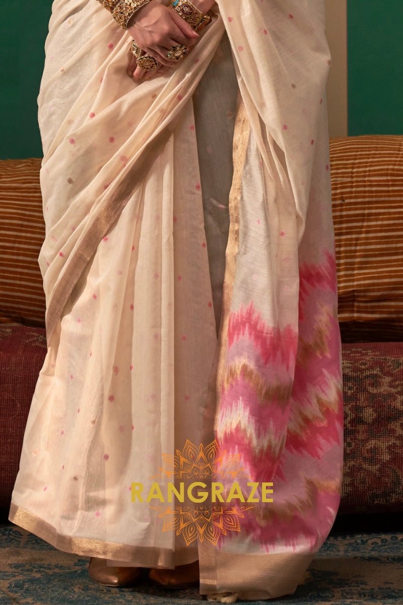 Ivory Blossom: Handloom Linen Saree
