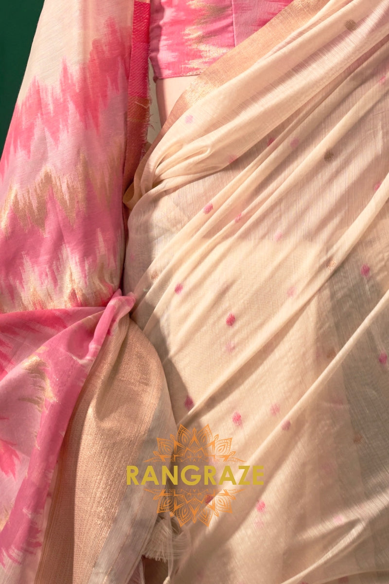 Ivory Blossom: Handloom Linen Saree