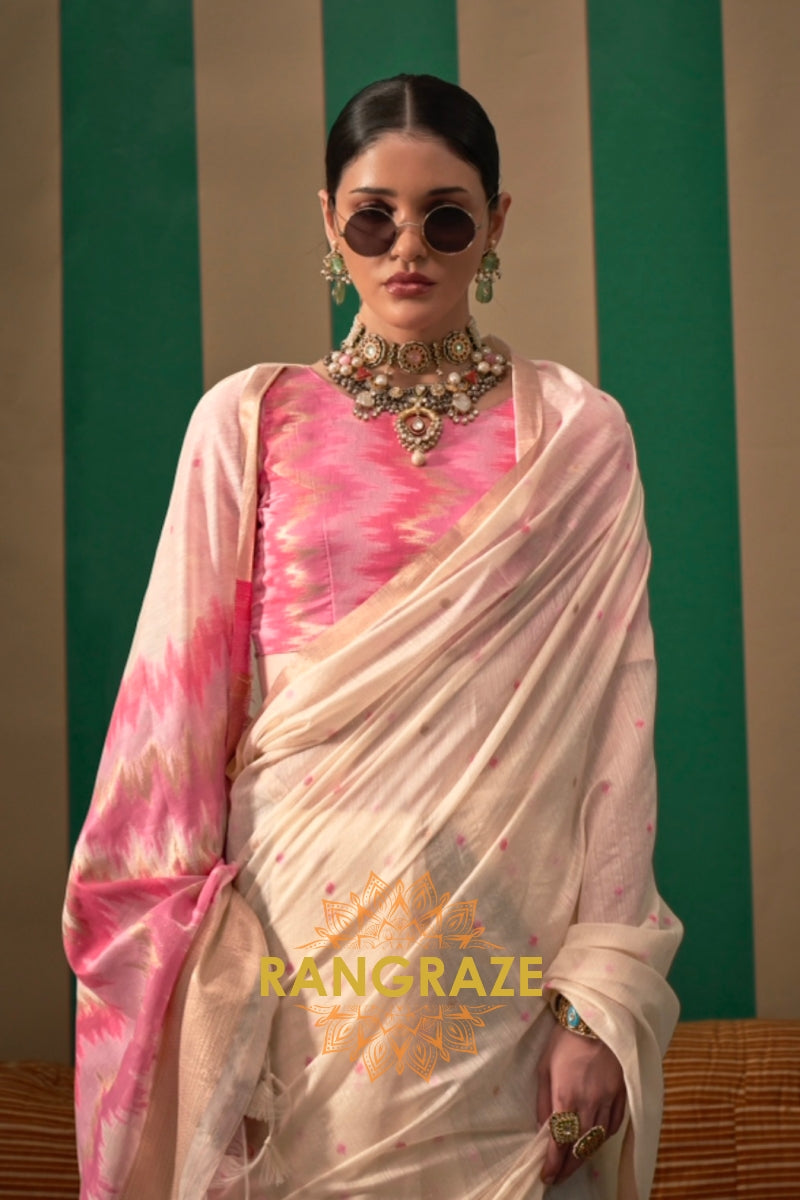 Ivory Blossom: Handloom Linen Saree