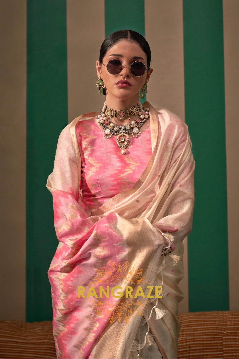 Ivory Blossom: Handloom Linen Saree