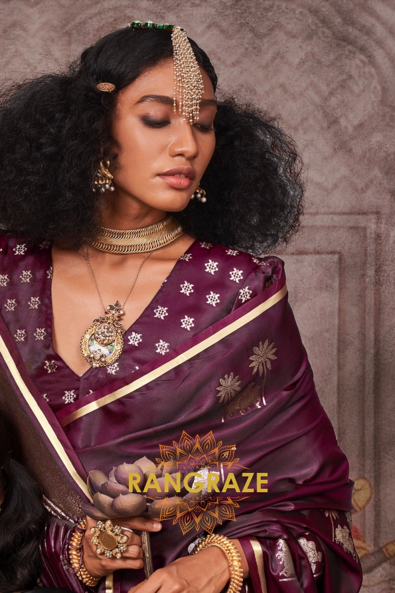 Maroon Handloom Satin Silk Saree with Banarasi Zari Brocade
