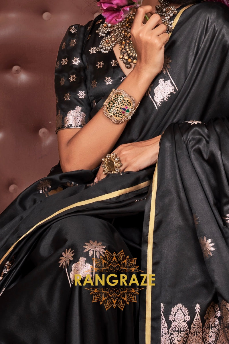 Elegant Black Satin Handloom Saree with Pichwai Weaving and Zari-Brocade Blouse