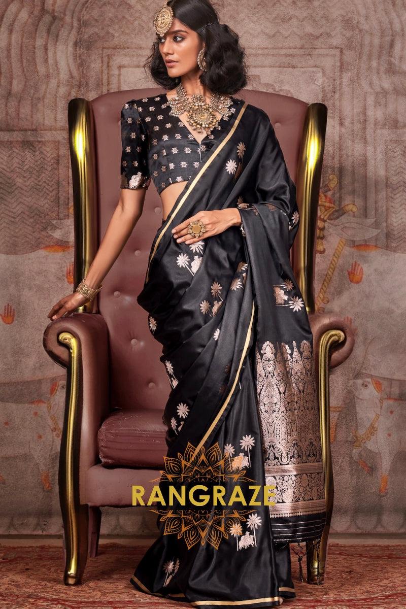 Elegant Black Satin Handloom Saree with Pichwai Weaving and Zari-Brocade Blouse
