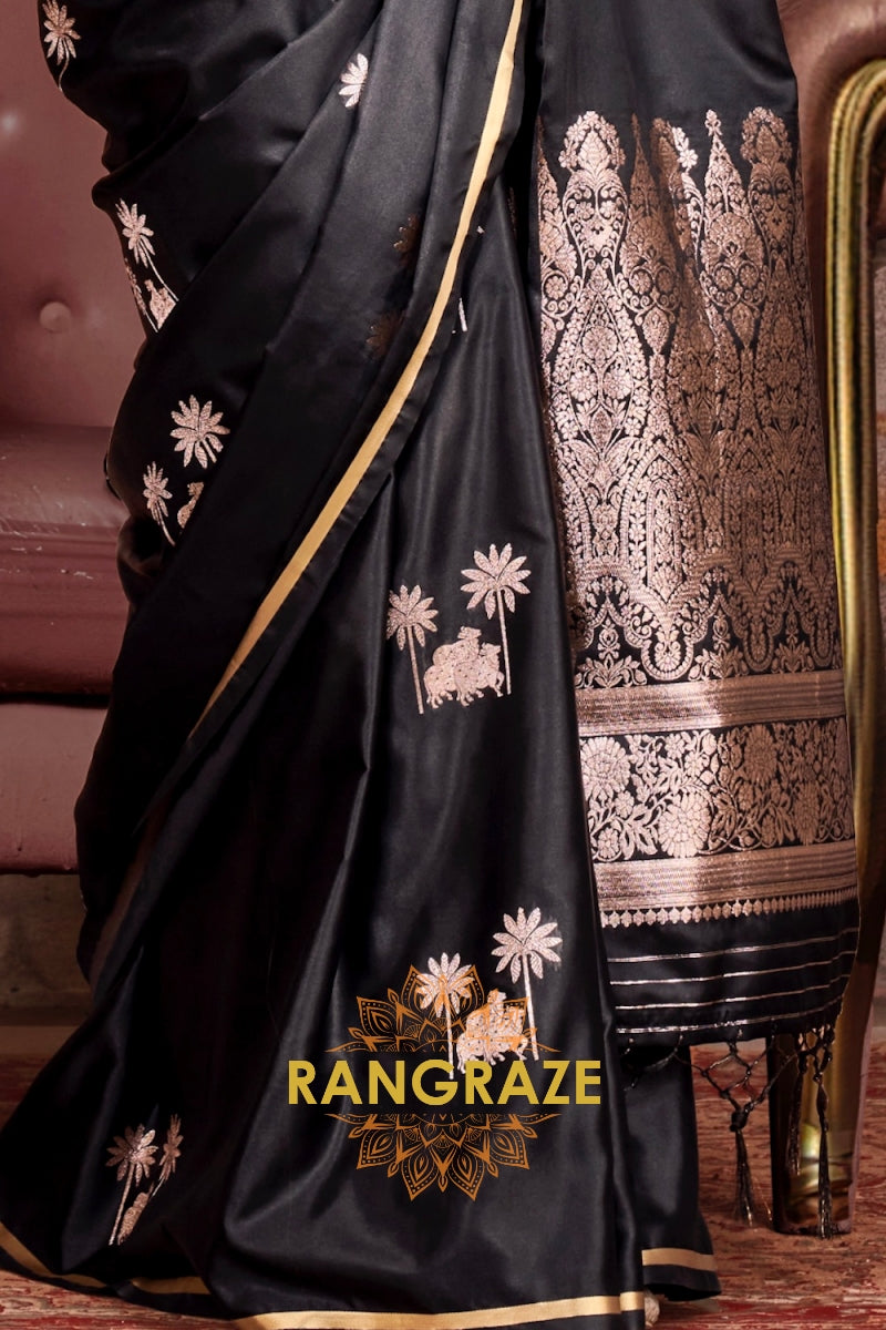 Elegant Black Satin Handloom Saree with Pichwai Weaving and Zari-Brocade Blouse