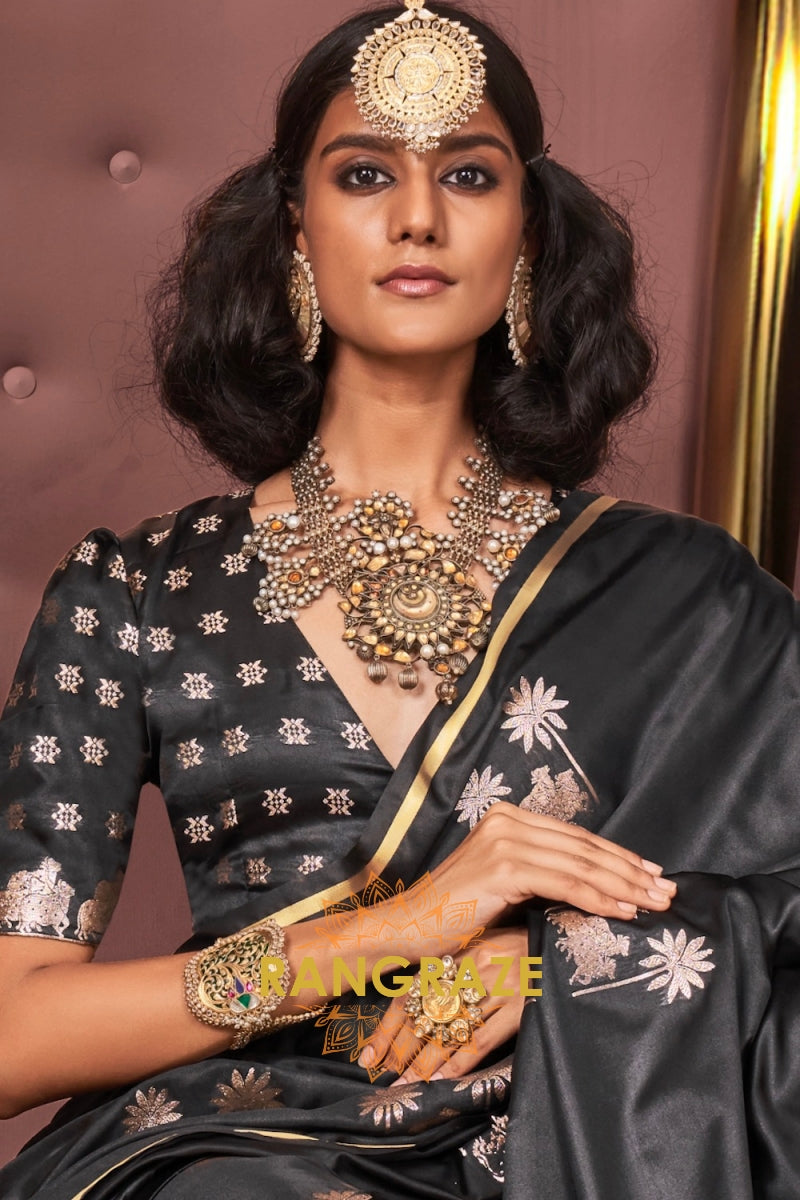 Elegant Black Satin Handloom Saree with Pichwai Weaving and Zari-Brocade Blouse