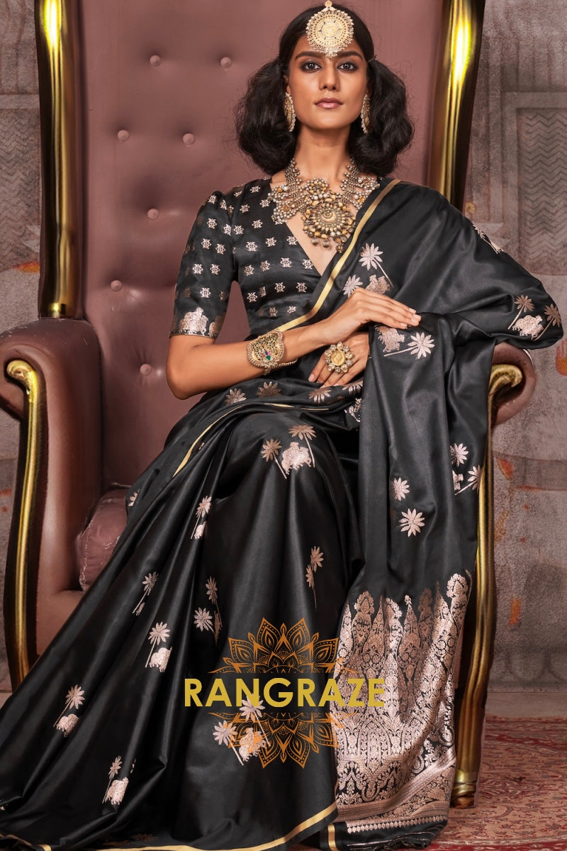 Elegant Black Satin Handloom Saree with Pichwai Weaving and Zari-Brocade Blouse