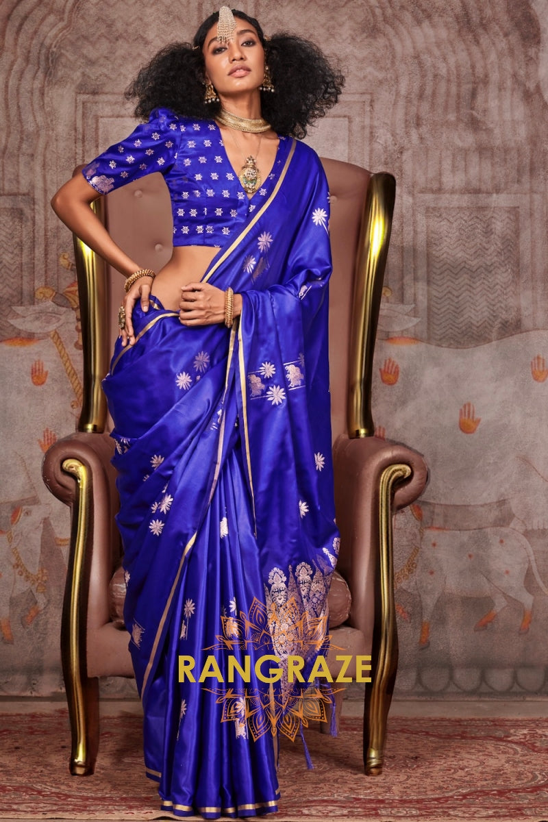 Royal Blue Satin Handloom Weaving Silk Saree