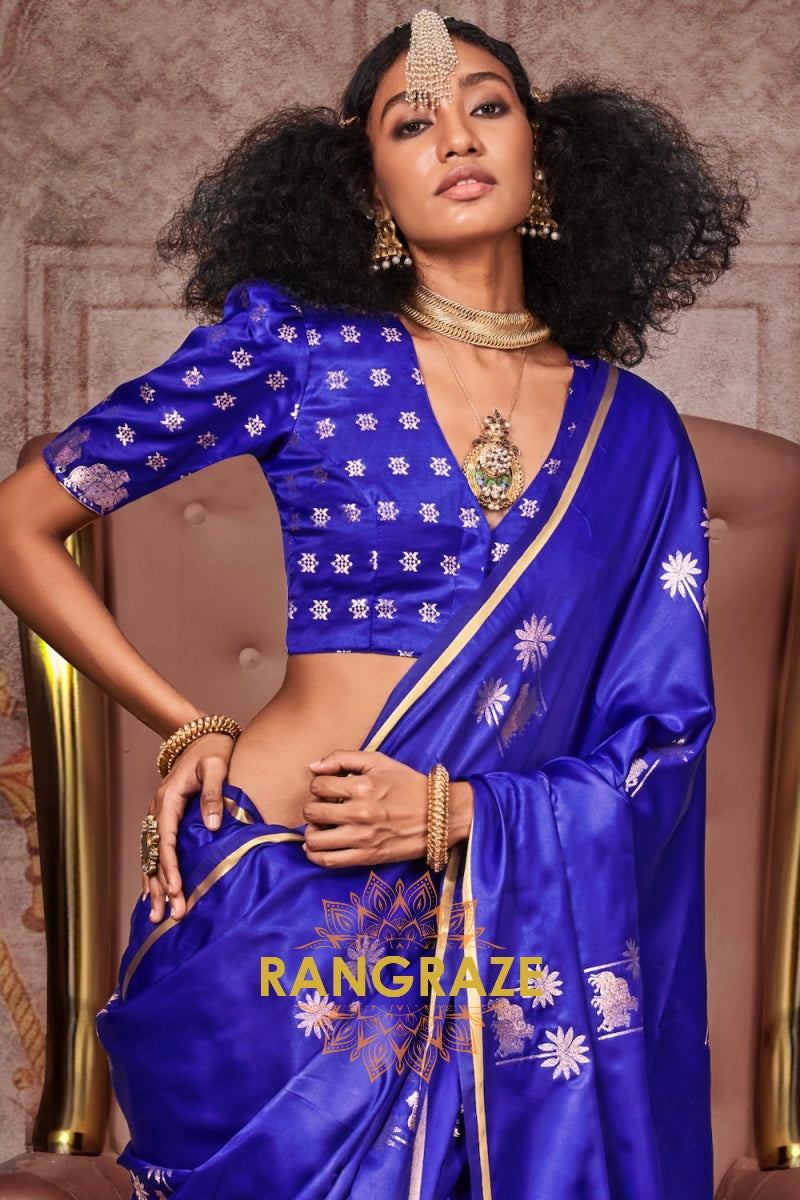 Royal Blue Satin Handloom Weaving Silk Saree