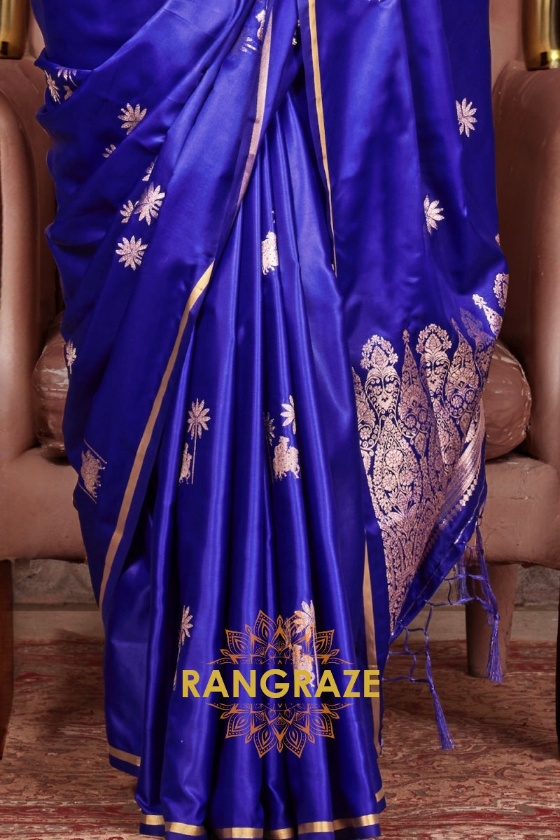 Royal Blue Satin Handloom Weaving Silk Saree