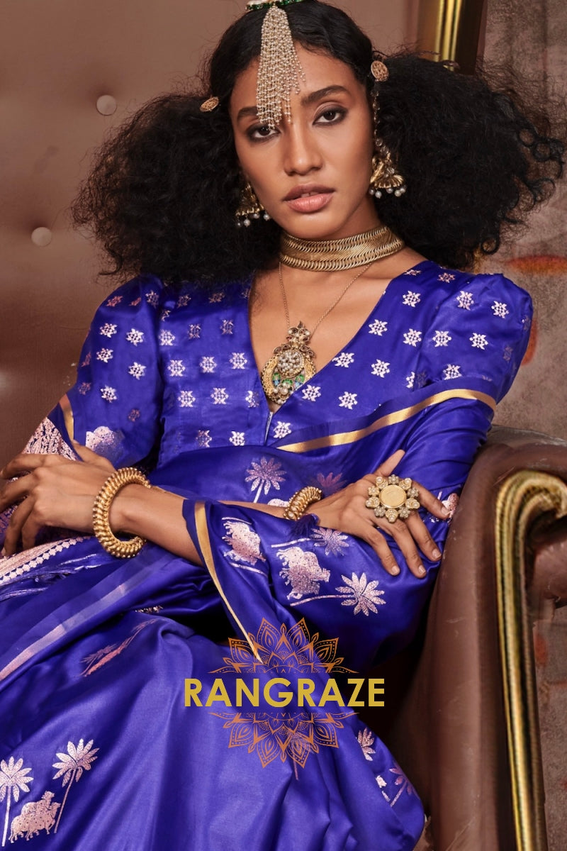 Royal Blue Satin Handloom Weaving Silk Saree