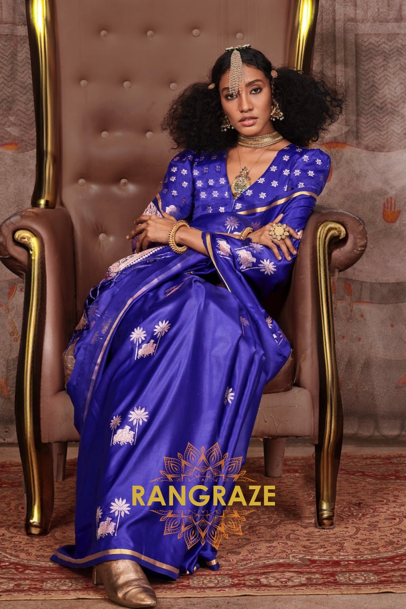 Royal Blue Satin Handloom Weaving Silk Saree