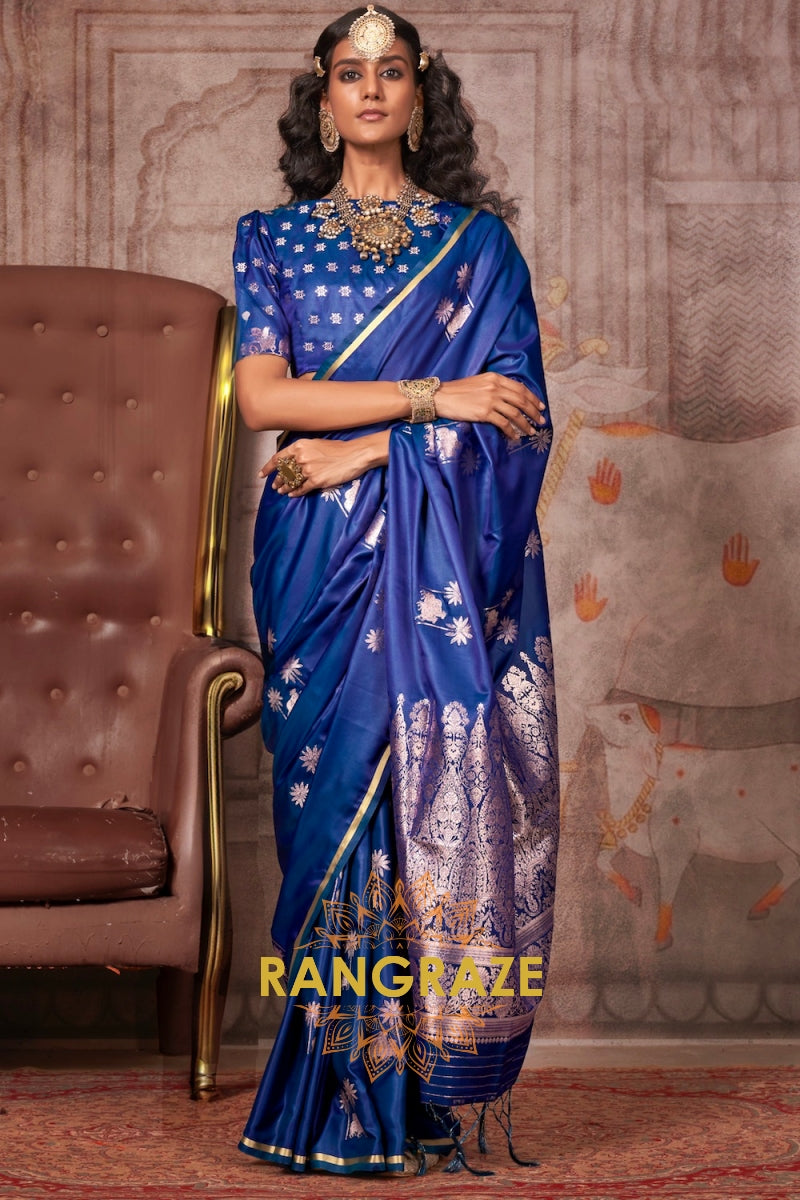 Cobalt Blue Pichwai Weaving Banarasi Silk Saree