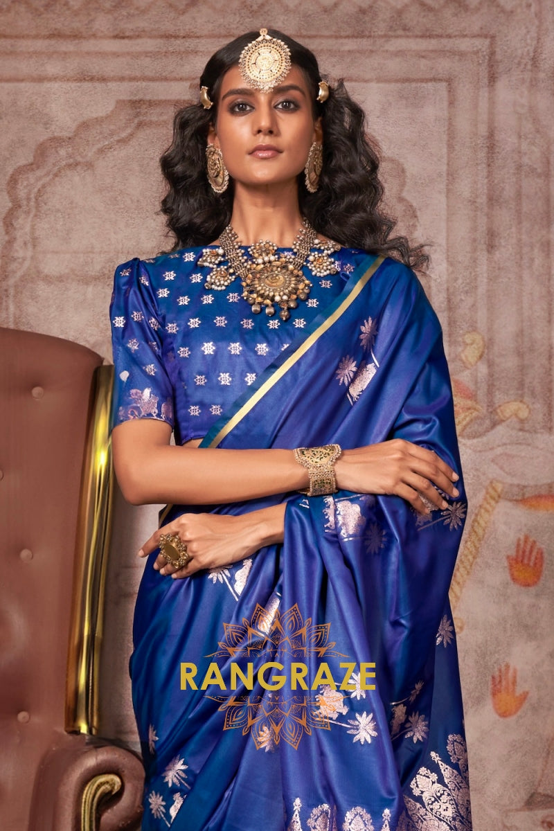 Cobalt Blue Pichwai Weaving Banarasi Silk Saree