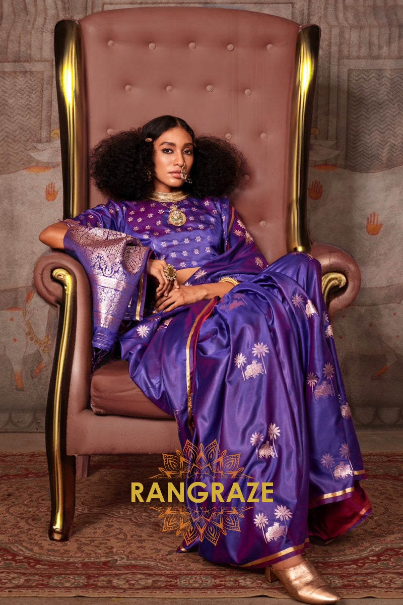 Regal Purple Satin Handloom Weaving Silk Saree with Pichwai Zari Design
