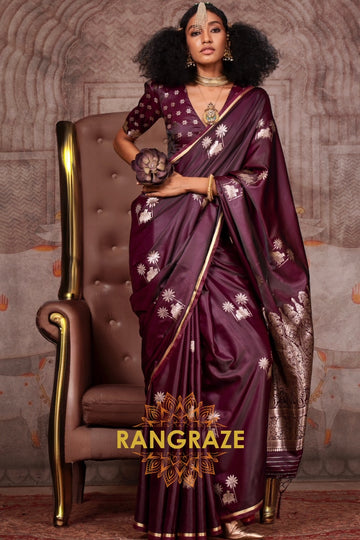 Maroon Handloom Satin Silk Saree with Banarasi Zari Brocade