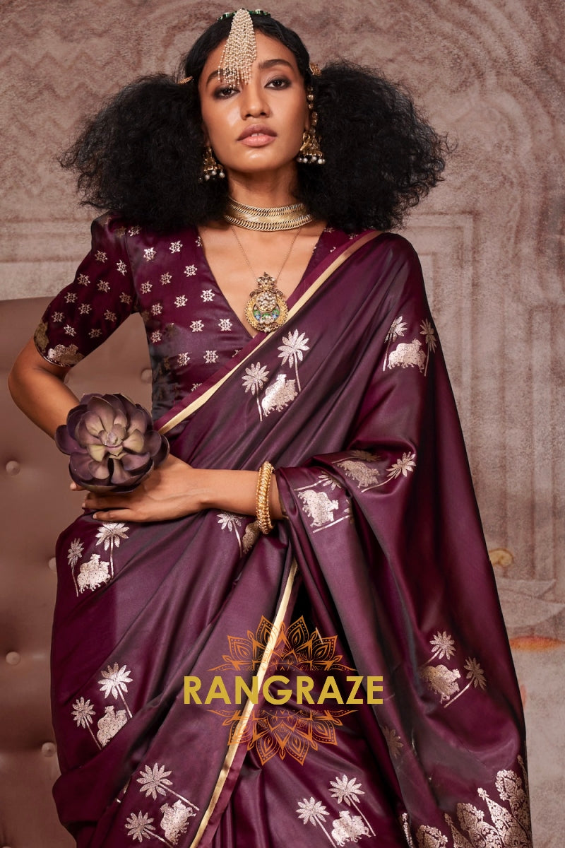 Maroon Handloom Satin Silk Saree with Banarasi Zari Brocade