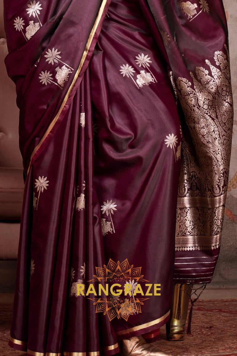 Maroon Handloom Satin Silk Saree with Banarasi Zari Brocade