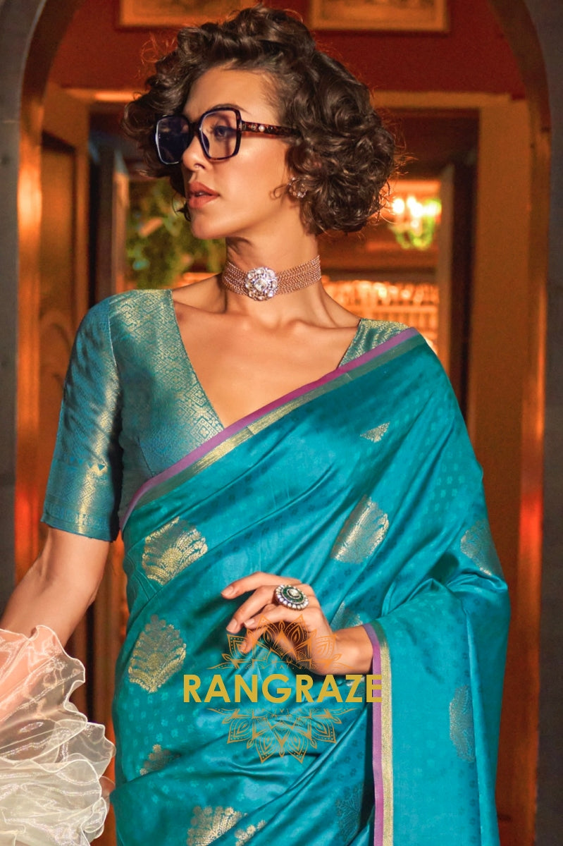 Turquoise Enchantment Banarasi Handwoven Silk Saree