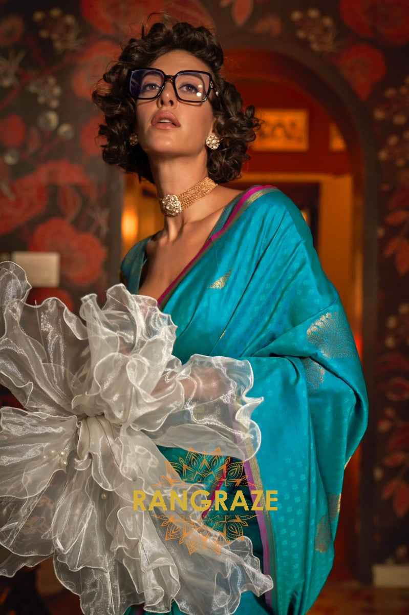Turquoise Enchantment Banarasi Handwoven Silk Saree