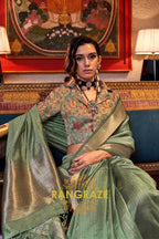 Sage Green Handwoven Moss Chiffon Saree