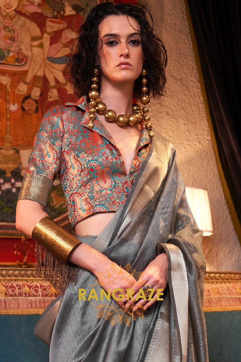 Platinum Silver Handwoven Moss Chiffon Saree