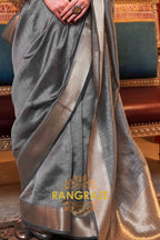 Platinum Silver Handwoven Moss Chiffon Saree