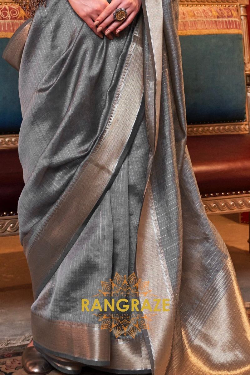 Platinum Silver Handwoven Moss Chiffon Saree