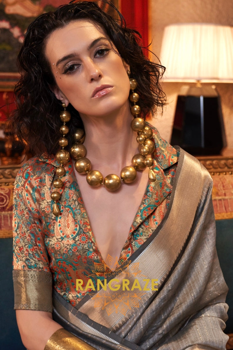 Platinum Silver Handwoven Moss Chiffon Saree