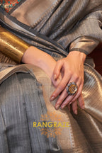 Platinum Silver Handwoven Moss Chiffon Saree