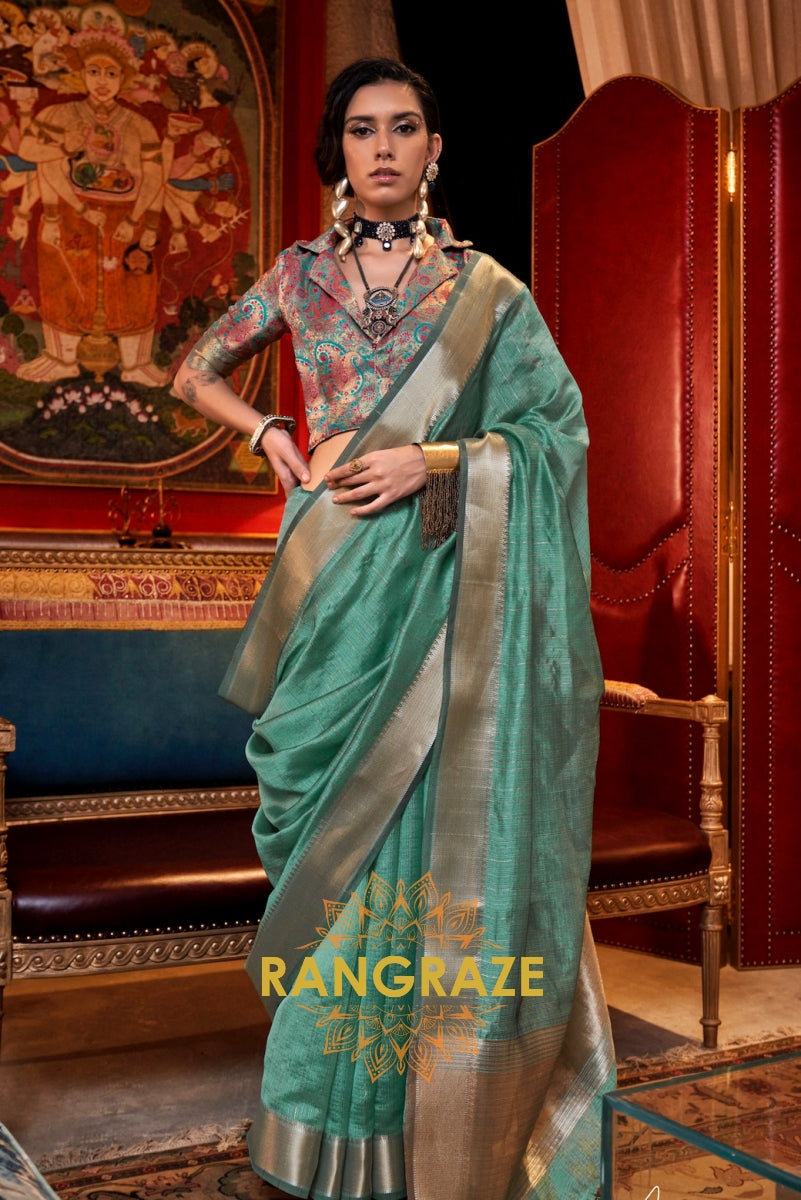 Aqua Elegance Handwoven Moss Chiffon Saree