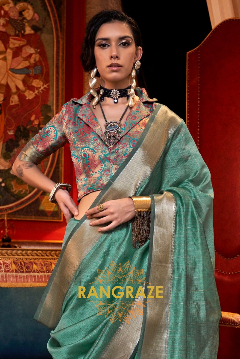 Aqua Elegance Handwoven Moss Chiffon Saree